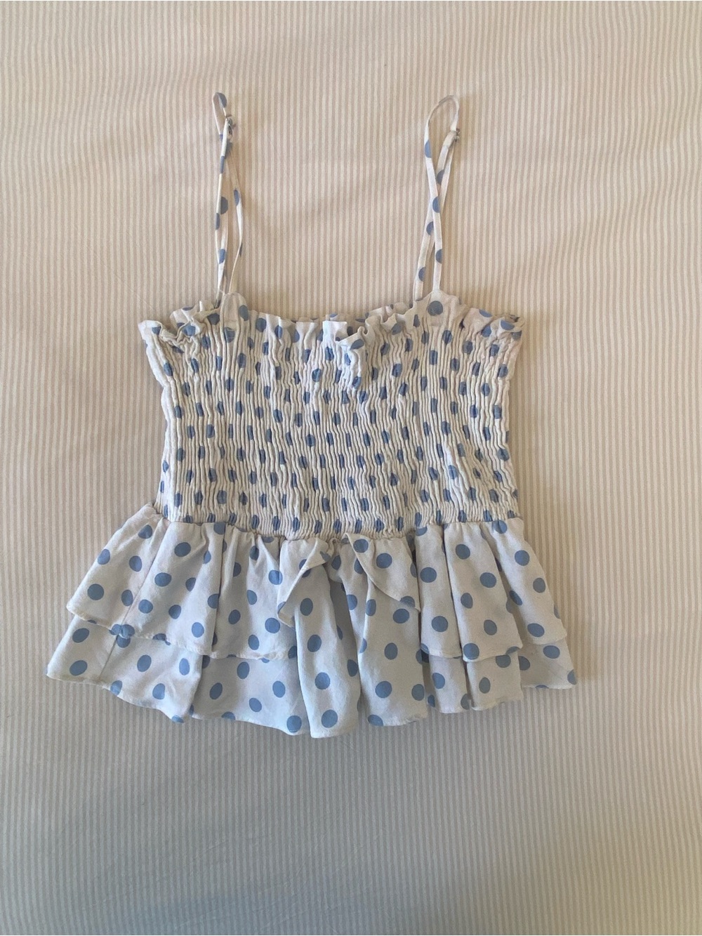 Zara White and Light Blue Polka Dot Cotton Smocked Ruffle Camisole